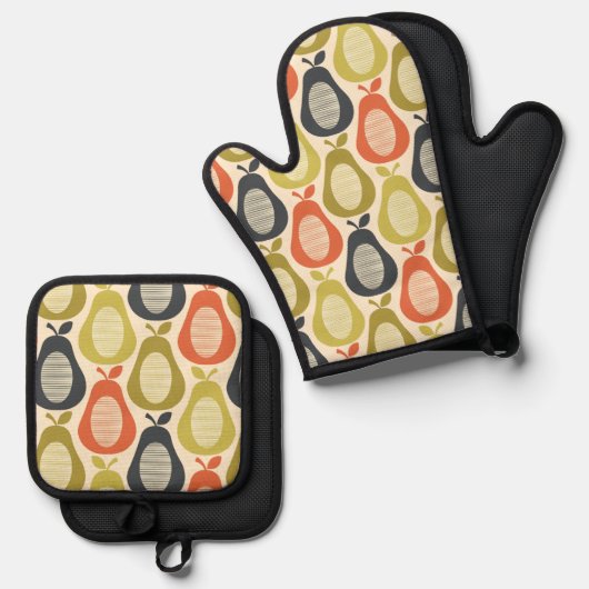 Retro Scribble Pears Patroon Ovenwant & Pannenlap Set (Voorkant / Achterkant)