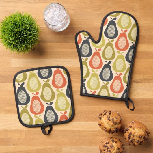 Retro Scribble Pears Patroon Ovenwant & Pannenlap Set (Top down)