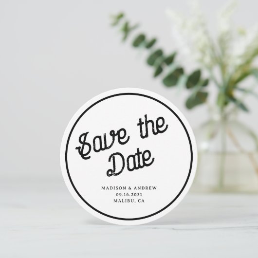 Retro Script Aangepaste Fotocirkel Ronde Bruiloft Save The Date (Staand voorkant)