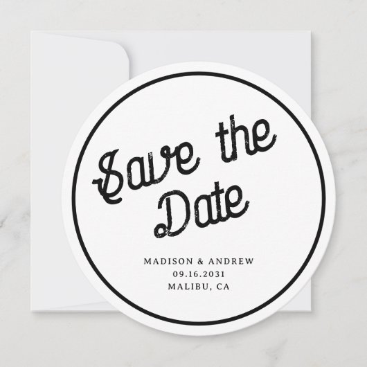 Retro Script Aangepaste Fotocirkel Ronde Bruiloft Save The Date (Voorkant)