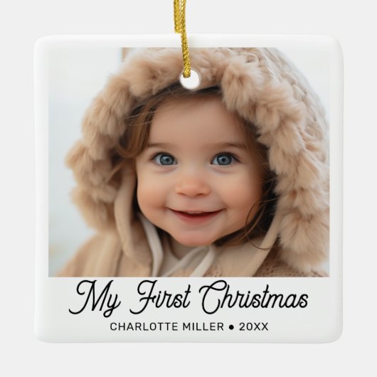 Retro Script Baby's eerste kerstfoto Keramisch Ornament (Voorkant)