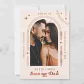 Retro Script Boho Arch Foto Terracotta Wedding Save The Date (Voorkant)