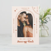 Retro Script Boho Arch Foto Terracotta Wedding Save The Date (Staand voorkant)