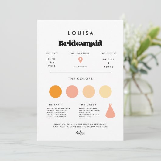 Retro Script Bruidsmeisje info kaart (Staand voorkant)