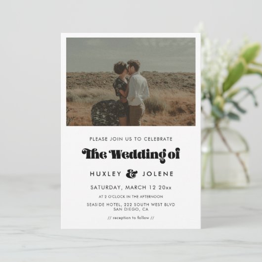  retro script bruiloft foto kaart (Staand voorkant)