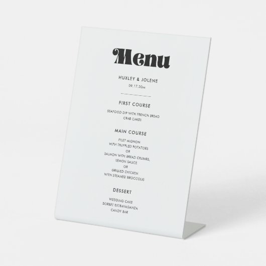 retro script bruiloft menu reclamebord met voetstuk (Voorkant)