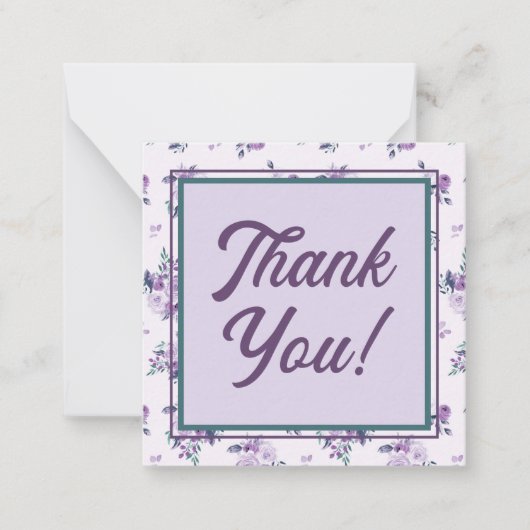 Retro Script Font met Paarse Bloemen Dank u Notitiekaartje (Voorkant)