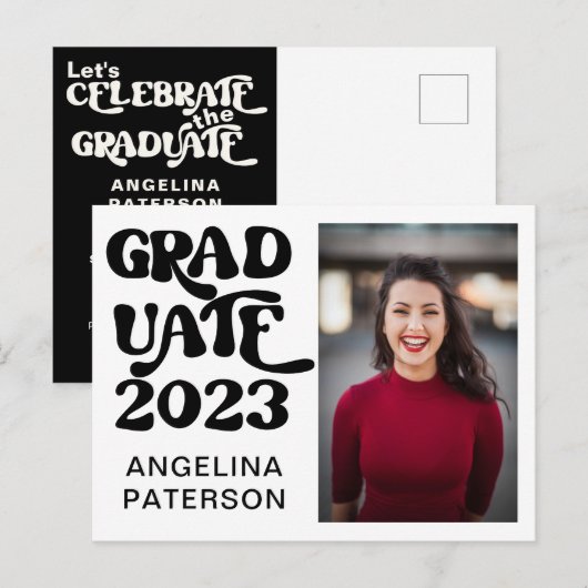 Retro Script Foto Zwarte & Witte Afstudeerfeest Uitnodiging Briefkaart (Voorkant / Achterkant)