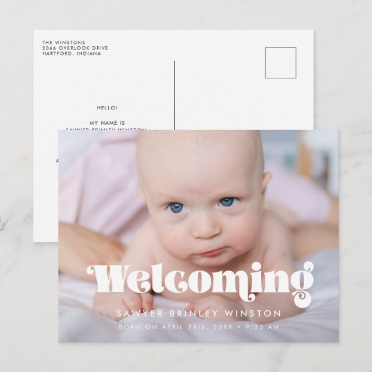 Retro  script Geboorte welkomstfoto Briefkaart (Voorkant / Achterkant)