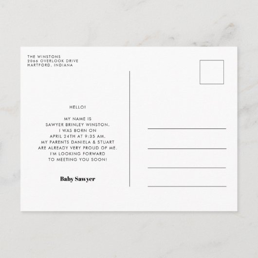 Retro  script Geboorte welkomstfoto Briefkaart (Achterkant)