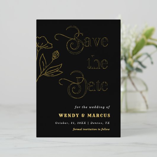 Retro Script Gothic Donkere bruiloft echt esthetis Folie Uitnodiging (Staand Voorkant)