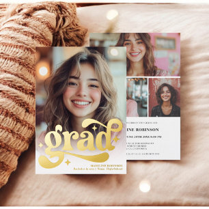 Retro Script goud Wit 4 Foto Afstuderen Folie Uitnodiging