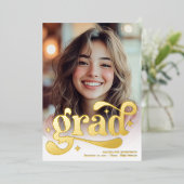 Retro Script goud Wit 4 Foto Afstuderen Folie Uitnodiging (Staand Voorkant)