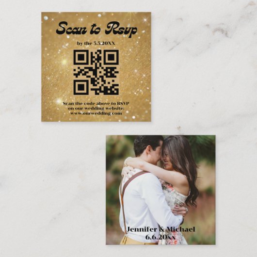 retro script gouden rsvp qr code huwelijksfoto informatiekaartje (Voorkant / Achterkant)