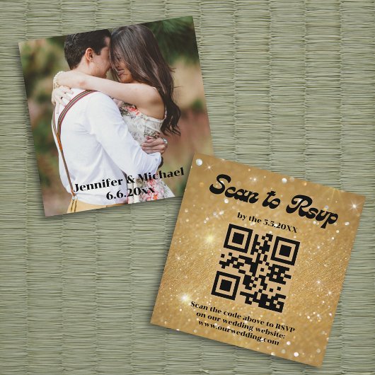 Retro Script Gouden RSVP QR Code Trouwfoto Informatiekaartje