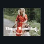 Retro  script Happy Hanukkah foto Briefkaart<br><div class="desc">Happy Hanukkah-kaart! Een moderne typografie voor dit collectie van de Holiday-fotokaarten. Aanpassen met je favoriete afbeelding. U kunt de kleur van de doopvont en de achtergrond in uw het houden van ook gemakkelijk veranderen.</div>