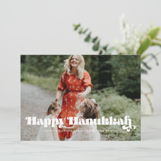  retro script Happy Hanukkah foto Feestdagenkaart (Staand voorkant)
