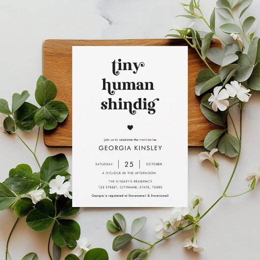 Retro Script Hart Tiny Human Shindig Baby shower Kaart