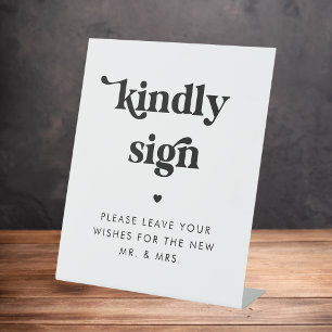 Retro Script Heart Kindly Sign Guest Book Wedding Reclamebord Met Voetstuk