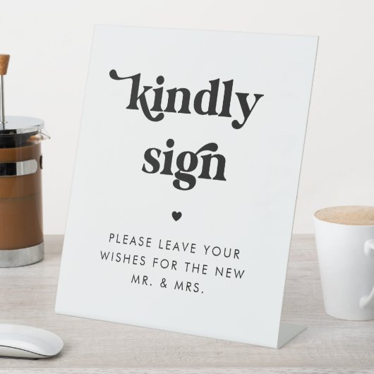 Retro Script Heart Kindly Sign Guest Book Wedding Reclamebord Met Voetstuk (Insitu)