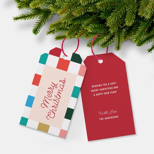 Retro Script Kleurrijk Checkerboard Vrolijk Kerstf Cadeaulabel