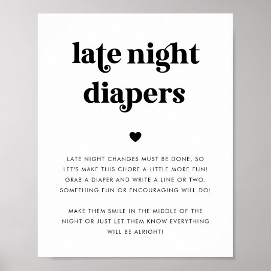 Retro Script Late Night Luiers Baby shower Teken Poster (Voorkant)