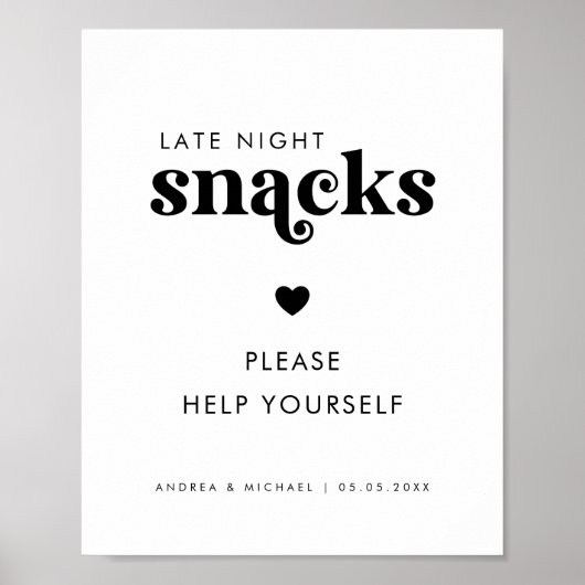 Retro Script Late Night Snacks Hart Trouwteken Poster (Voorkant)