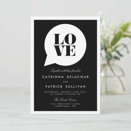 RETRO SCRIPT LOVE SPEECH BUBBLE WEDDING INVITATION KAART (Staand voorkant)