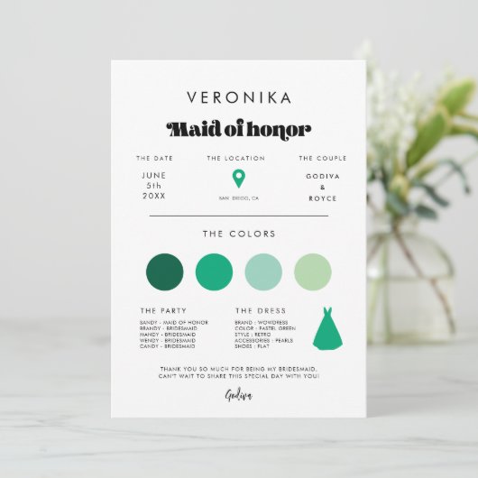 Retro Script Maid of Honor info kaart (Staand voorkant)