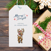 Retro Script Merry & Bright Christmas Rendier Cadeaulabel