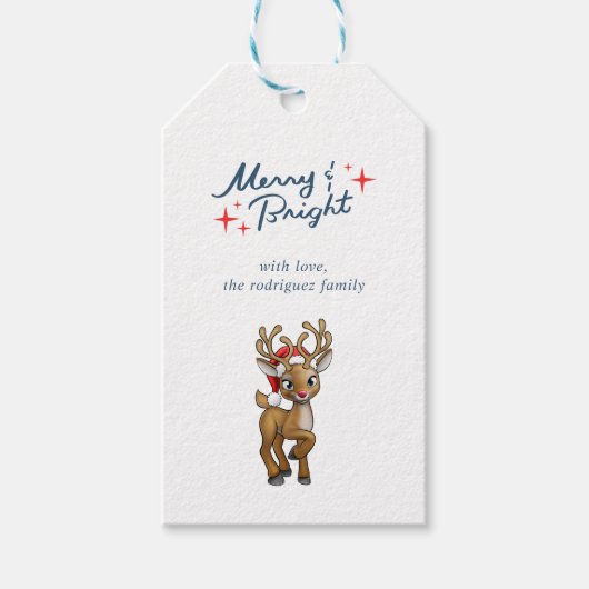 Retro Script Merry & Bright Christmas Rendier Cadeaulabel (Voorkant)