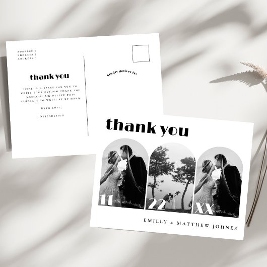 Retro Script Modern Boog 3 Foto Huwelijk Bedankt Briefkaart