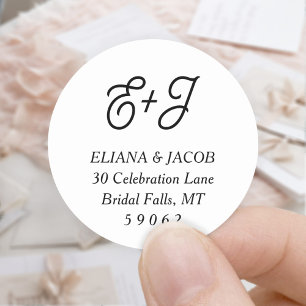 Retro Script Monogram Bruiloft Ronde Retouradres Ronde Sticker