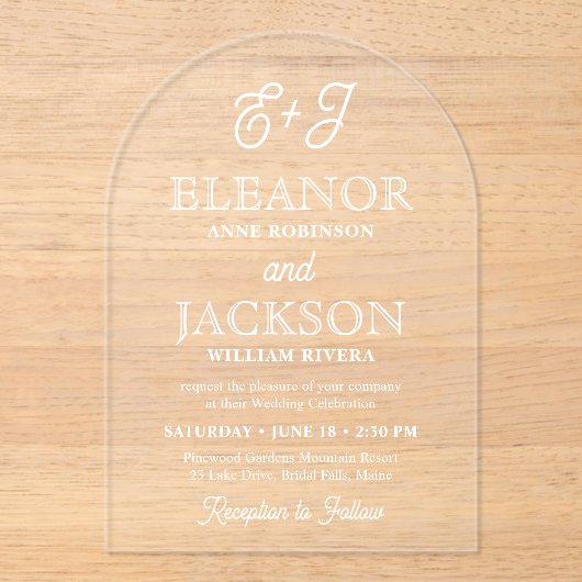 Retro Script Monogram Elegant Stijlvolle Trouwboog Acryl Uitnodigingen (Voorkant)