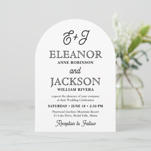 Retro Script Monogram Elegante Boogfoto Huwelijk Kaart (Staand voorkant)