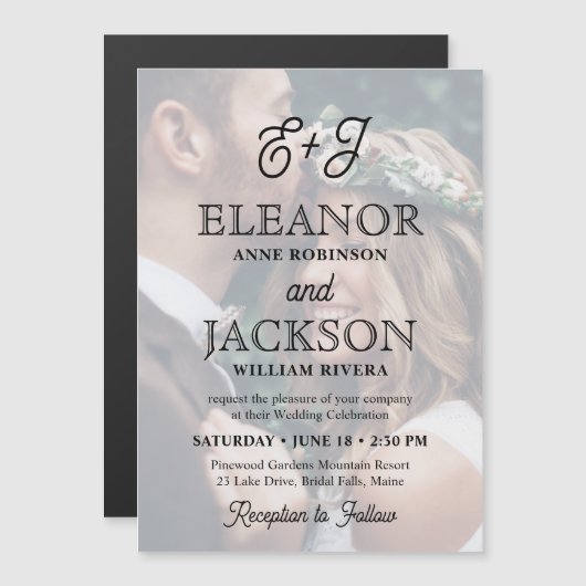 Retro Script Monogram Elegante foto bruiloft Magnetische Uitnodiging (Voorkant / Achterkant)