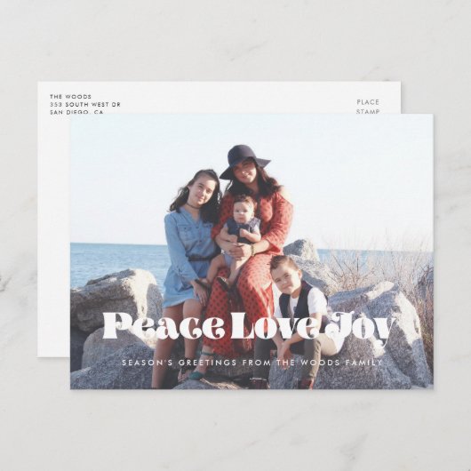  retro script Peace Love Joy Vakantie foto Briefkaart (Voorkant / Achterkant)