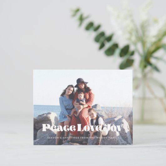  retro script Peace Love Joy Vakantie foto Briefkaart (Staand voorkant)