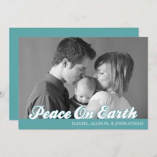 Retro Script Peace on Earth-kerstkaart (Aqua) Feestdagenkaart (Voorkant / Achterkant)