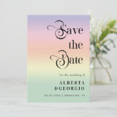 Retro Script Rainbow LGBTQ Foto Gay Pride Weddensc Save The Date (Staand voorkant)