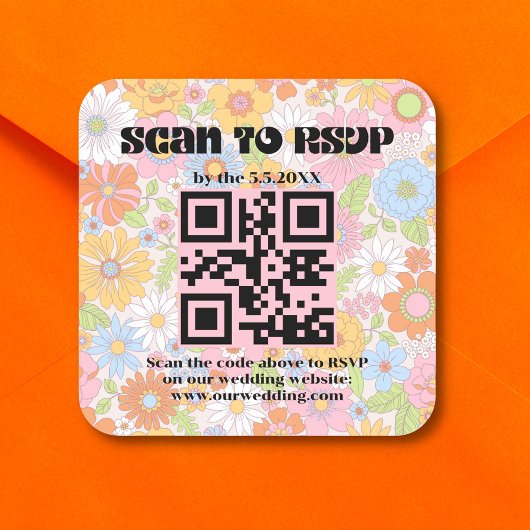  retro script rsvp qr code bruiloft bloemenspel vierkante sticker