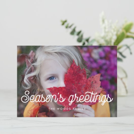 Retro Script Season's Greetings Foto Feestdagenkaart (Staand voorkant)