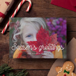 Retro  Script Season's Greetings Foto Feestdagenkaart<br><div class="desc">Seizoensgroeten. Een moderne typografie voor dit collectie van fotokaarten. Aanpassen met je favoriete afbeelding. U kunt de kleur van de doopvont of de geometrische achtergrond in uw het houden van ook gemakkelijk veranderen.</div>