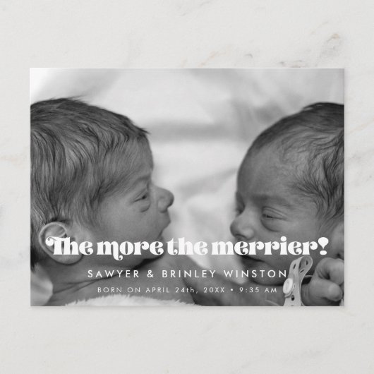 Retro script Twin Birth Hoe meer de merrier foto Briefkaart (Voorkant)