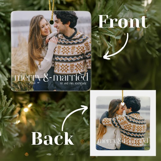 Retro Script Typografie Merry & Married Photo Keramisch Ornament