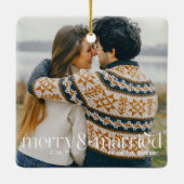 Retro Script Typografie Merry & Married Photo Keramisch Ornament (Achterkant)