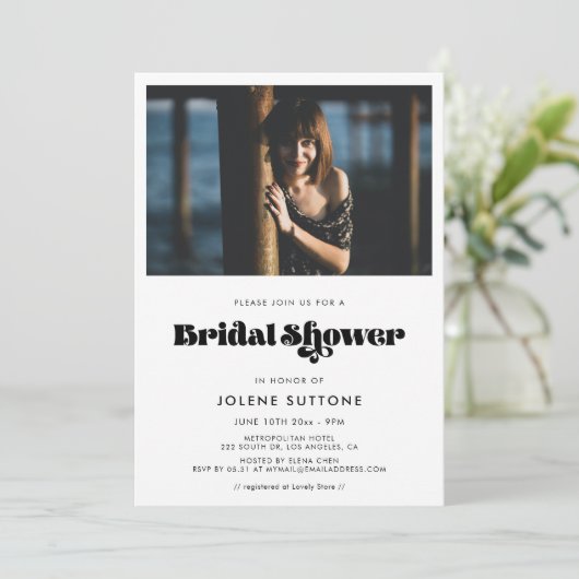  retro script vrijgezellenfeest foto kaart (Staand voorkant)