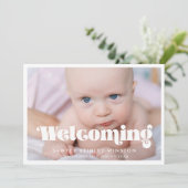 retro script Welcoming baby foto Aankondiging (Staand voorkant)