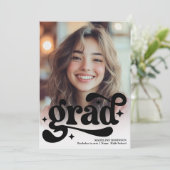 Retro Script Zwart Wit 4 Foto Afstuderen Kaart (Staand voorkant)