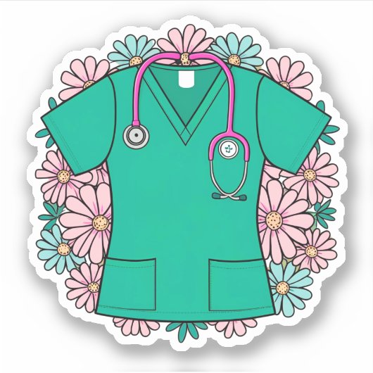 Retro Scrub Tope met Bloemen Sticker (Voorkant)